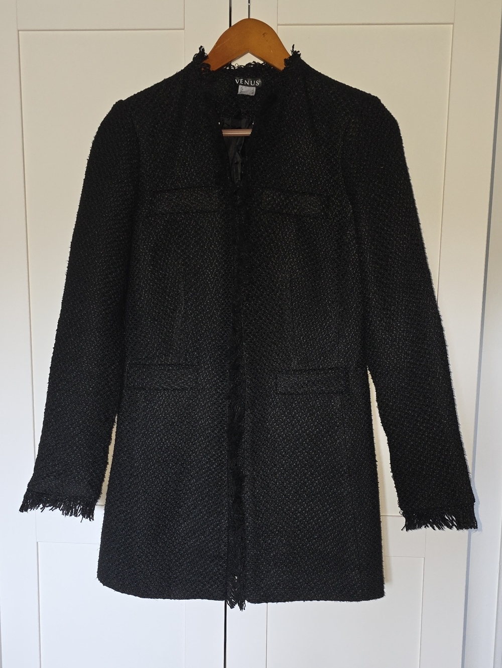 Venus Tweed Fringe Collarless Black Jacket
